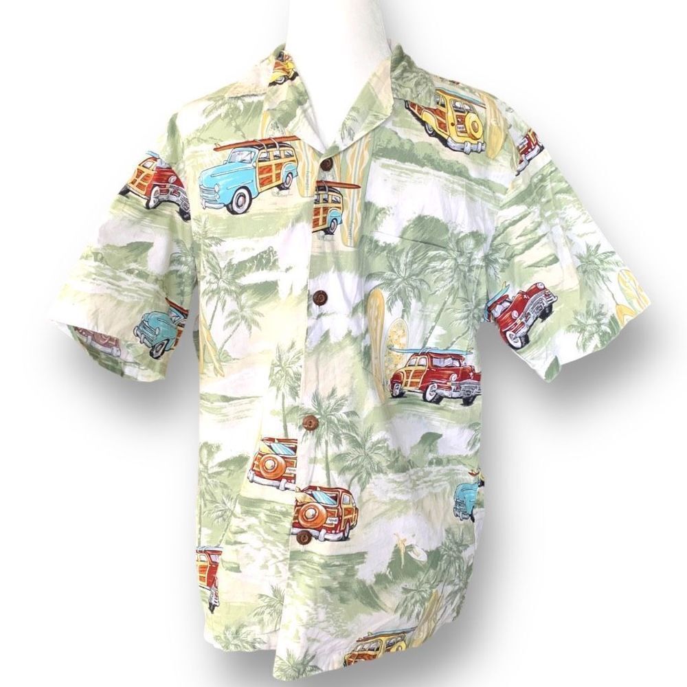 Vintage 90s Shirt Boxy Camp Collar Surfboard Hawaiian Printed Green Top Small